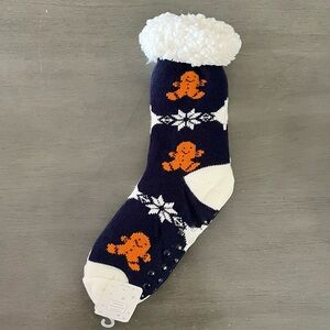 Navy Blue Gingerbread Fully Fleece Lined Non-slip Socks Holiday Gift Slippers